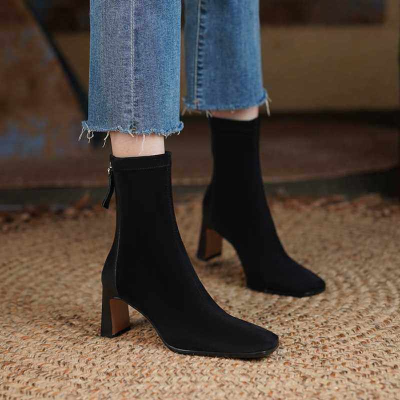 瘦瘦靴女短靴2021年秋冬新款百搭加绒高跟鞋小方头粗跟弹力靴黑色