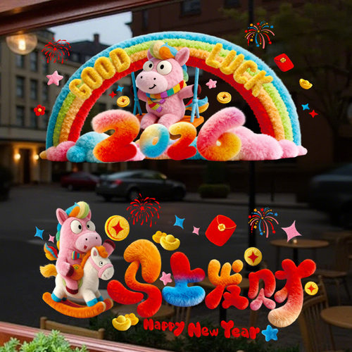 马年2026新款新年毛绒卡通窗花静电贴过年5D春节橱窗玻璃贴装饰