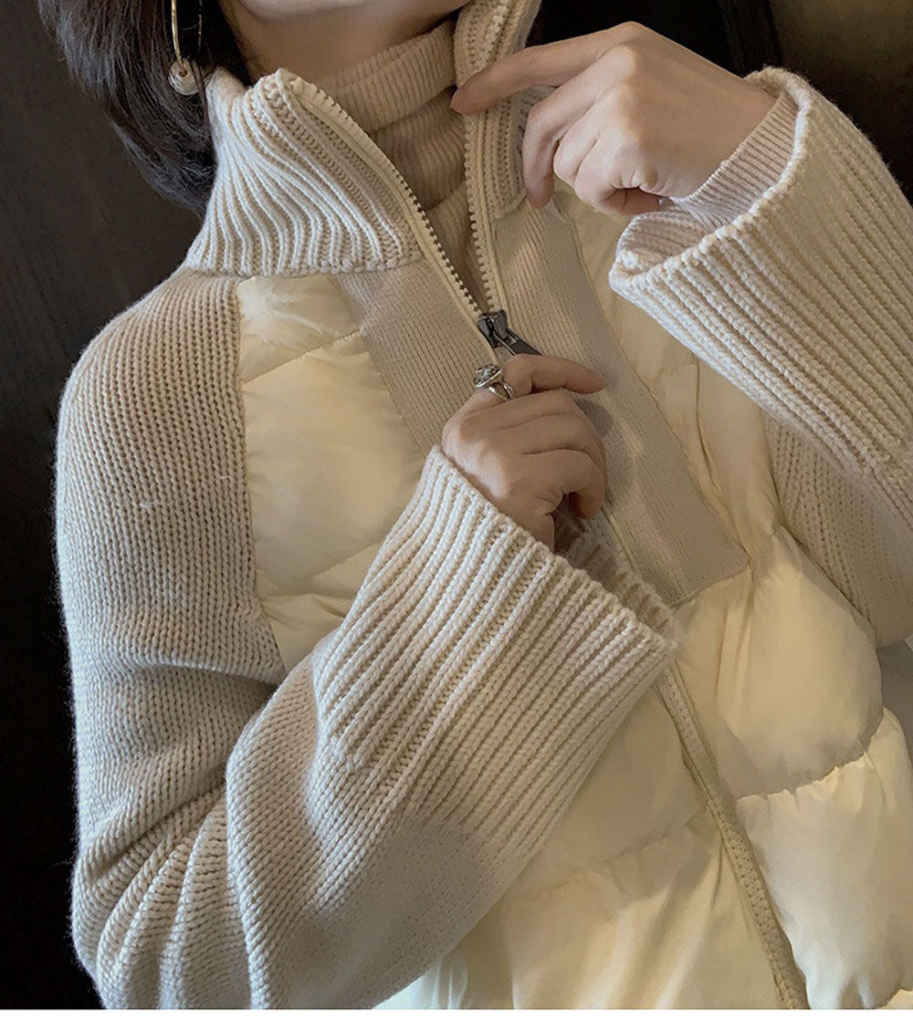 ktwo天使名妆秋冬羊毛针织长袖拼接羽绒高领拉链短外套开衫9776