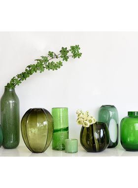 CH39现代简约绿色玻璃花瓶摆件样板间家居客厅创意圆肚插花器B12
