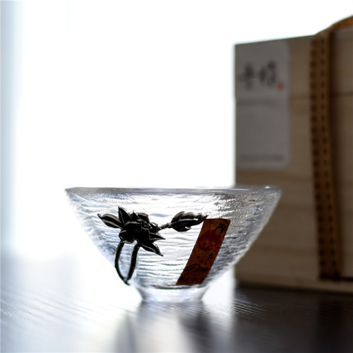 日韩尾货斗笠款通透玻璃酒杯小号碗形清酒杯贴锡花杯酒吧餐厅茶杯