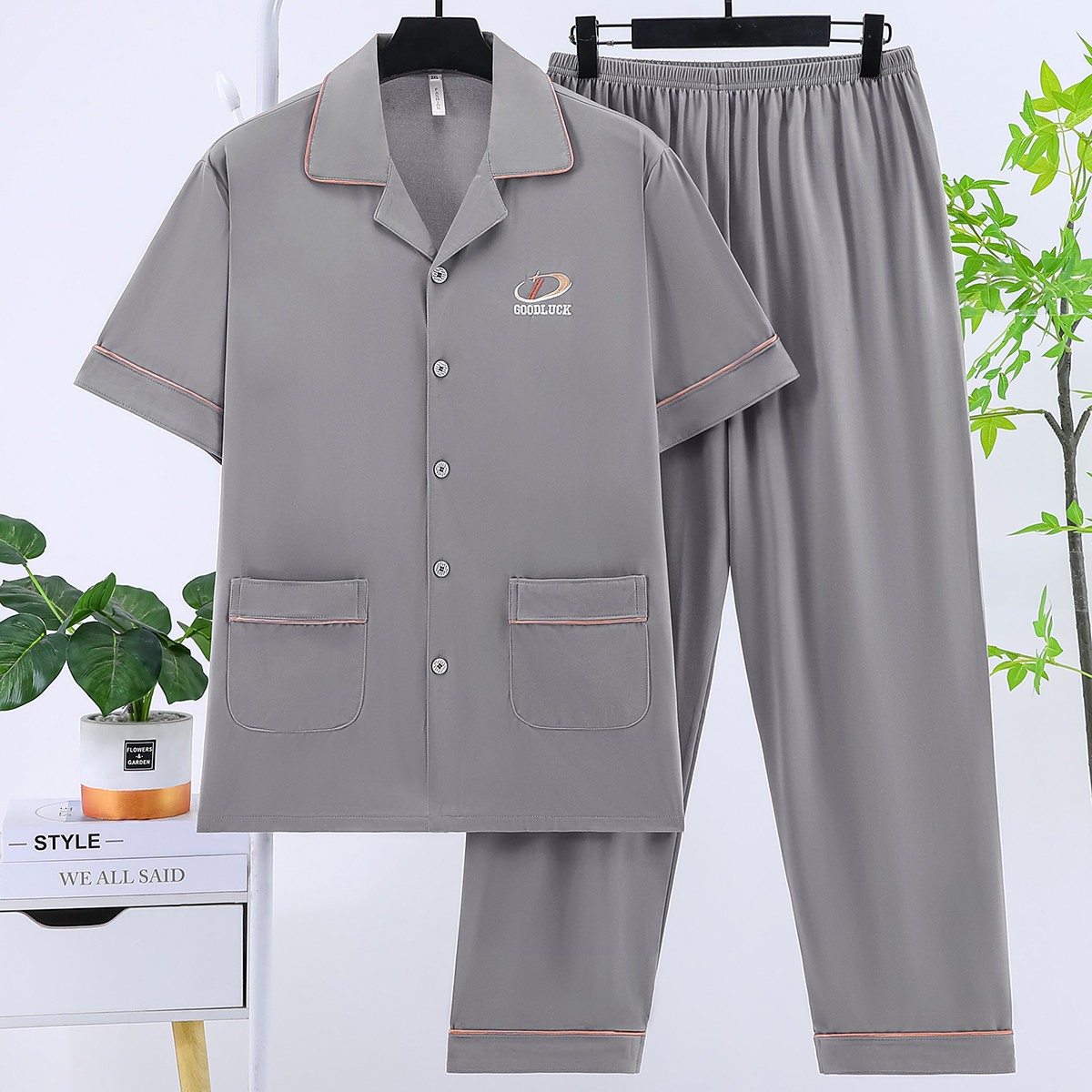 轻奢睡衣夏季薄款男人短袖长裤空调房家居服高档时尚商场剪标套装
