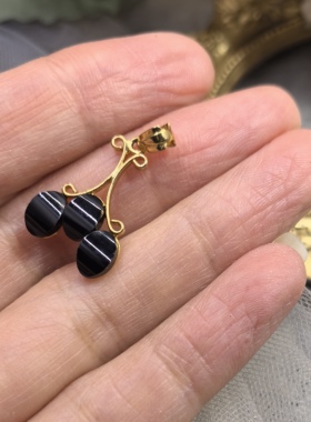 日本海外vintage中古简约款天然石玛瑙黑色樱桃吊坠孤品