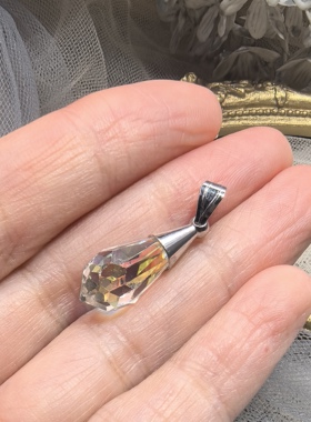 日本海外中古简约款复古银色镭射琉璃水滴胸针胸花孤品