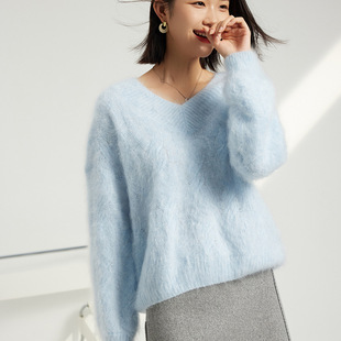 秋冬新款100纯山羊绒衫女拉绒毛衣V领慵懒风宽松加厚麻花针织衫