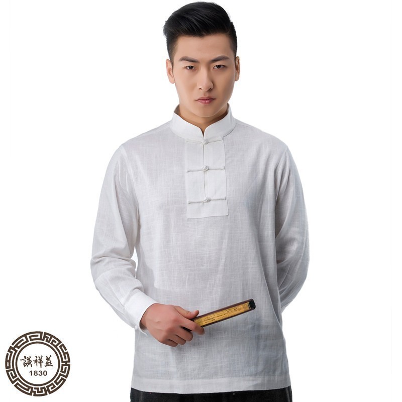 民族风复古春夏打底衬衫唐装男长袖中式立领中国风中青年亚麻衬衣
