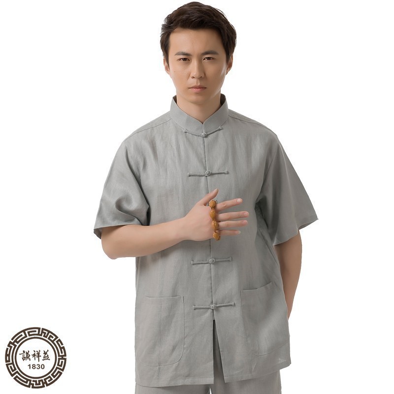 唐装男中式亚麻半袖衬衫中国风立领盘扣夏季上衣民族复古休闲短袖