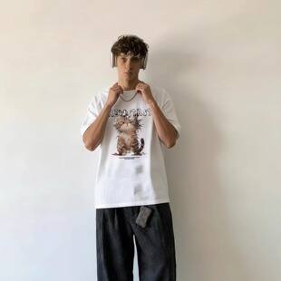 DIIMENG潮牌美式猫咪印花短袖T恤男女款重磅宽松青少年设计感上衣