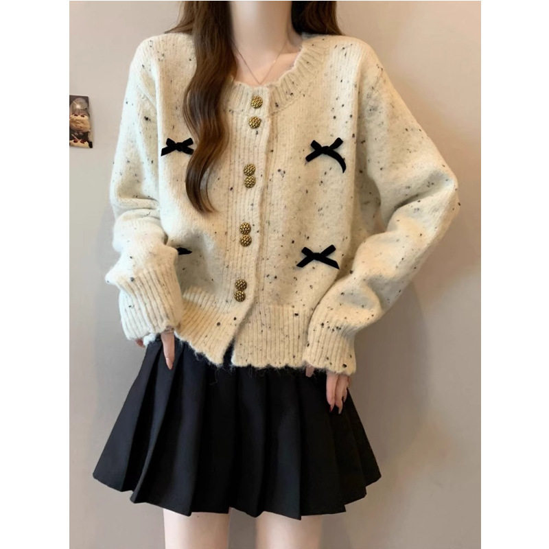 温柔风彩点长袖针织开衫女冬季2025新款小香风蝴蝶结短款毛衣外套,女装/女士精品,毛针织衫,淘宝优惠券,粉丝福利购,淘宝优惠卷