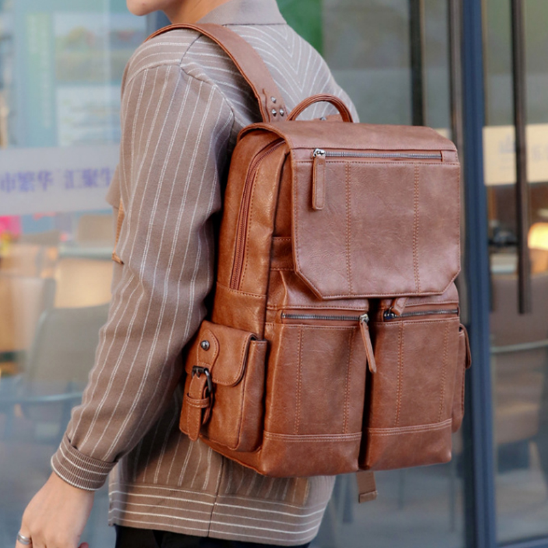 通勤背包男士高级感PU皮复古双肩包大容量旅行包商务笔记本电脑包