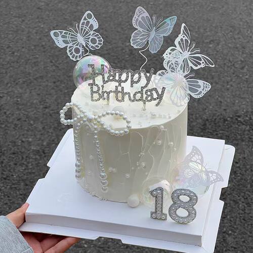 网红仙女18岁蛋糕装饰珍珠蝴蝶结摆件女神钻石HB生日幻彩蝴蝶插件