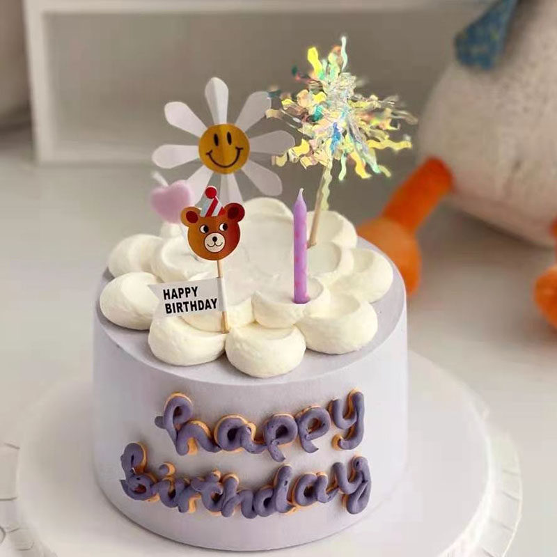 韩国ins可爱小熊字母happybirthday流苏礼花笑脸烘焙蛋糕装饰插牌
