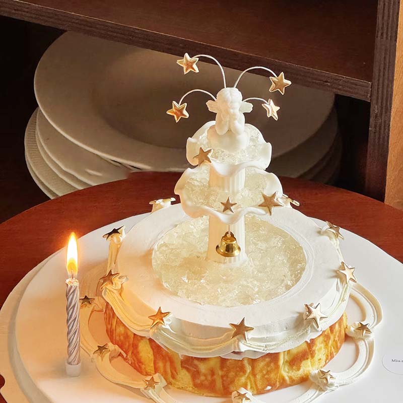 网红星星许愿池小天使蛋糕装饰复古水柱喷泉仙女女神生日蛋糕装扮