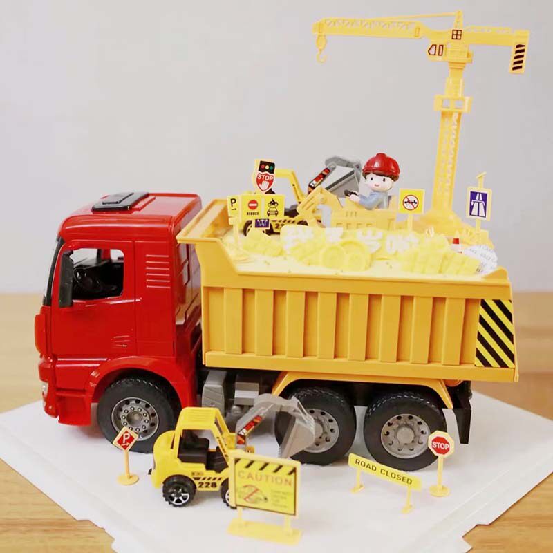 网红生日蛋糕装饰超大工程车翻斗车挖机交通指示牌男孩甜品台插件
