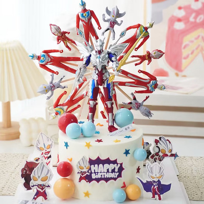 电动旋转摩天轮奥特曼蛋糕装饰奥特曼打怪兽男孩生日蛋糕装饰插牌