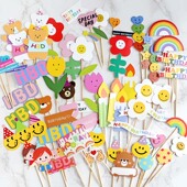 烘焙装 饰网红复古韩国笑脸格子小旗雏菊樱桃雨丝生日蛋糕插牌插件