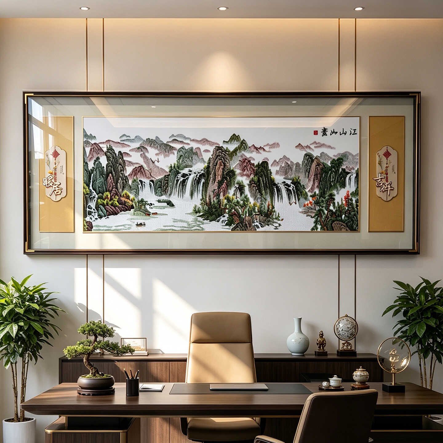 新中式江山如画刺绣高端装饰画客厅沙发背景墙苏绣挂画成品苏绣画