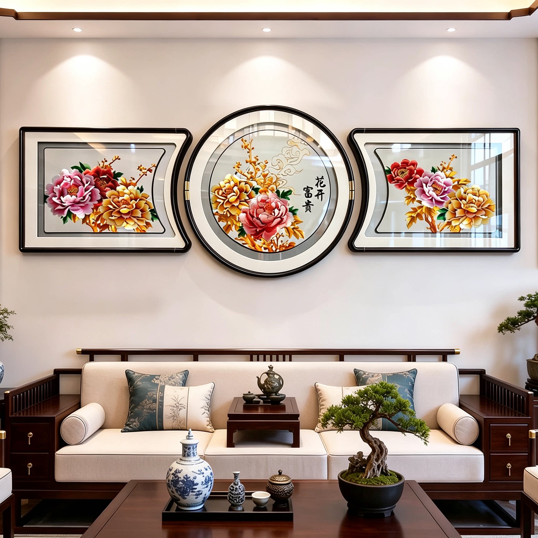 花开富贵苏绣成品挂画新中式牡丹客厅装饰三联画高端精品刺绣壁画