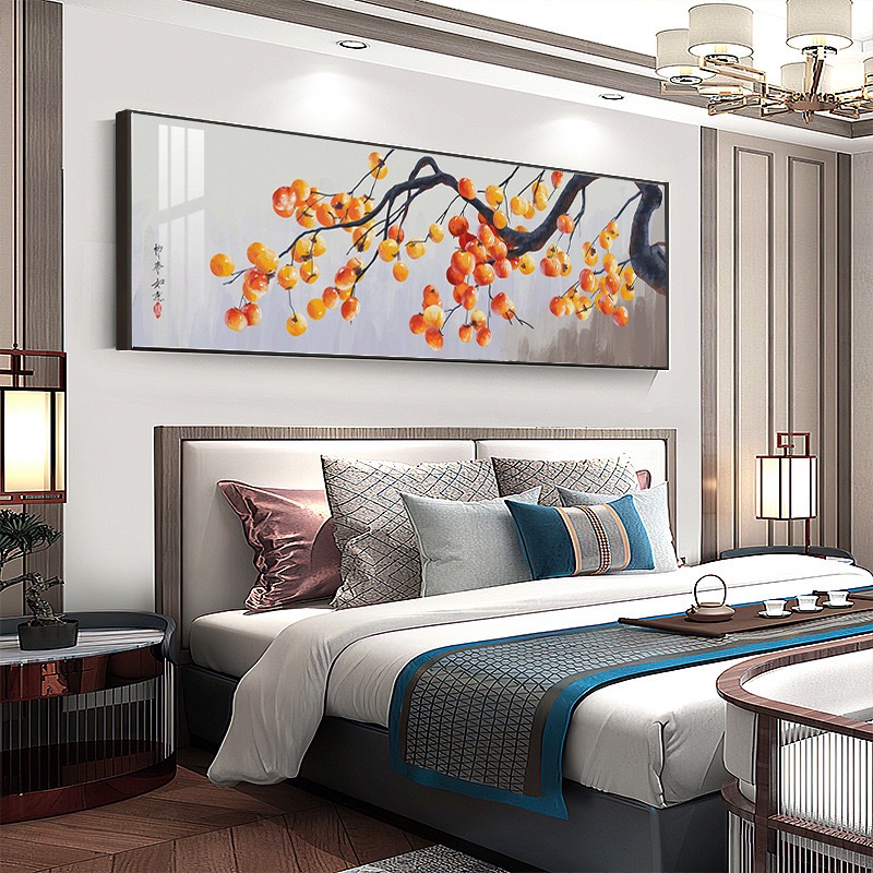 新中式客厅装饰画沙发背景墙画柿柿如意手绘油画壁画卧室床头挂画