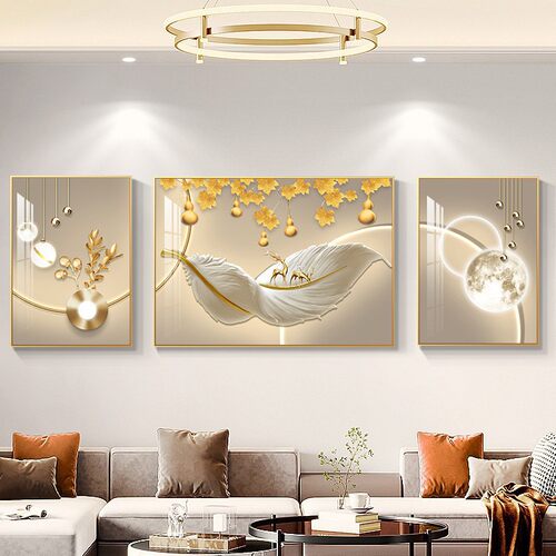 新款客厅三联装饰画现代轻奢沙发背景墙挂画高级感墙上画羽毛壁画