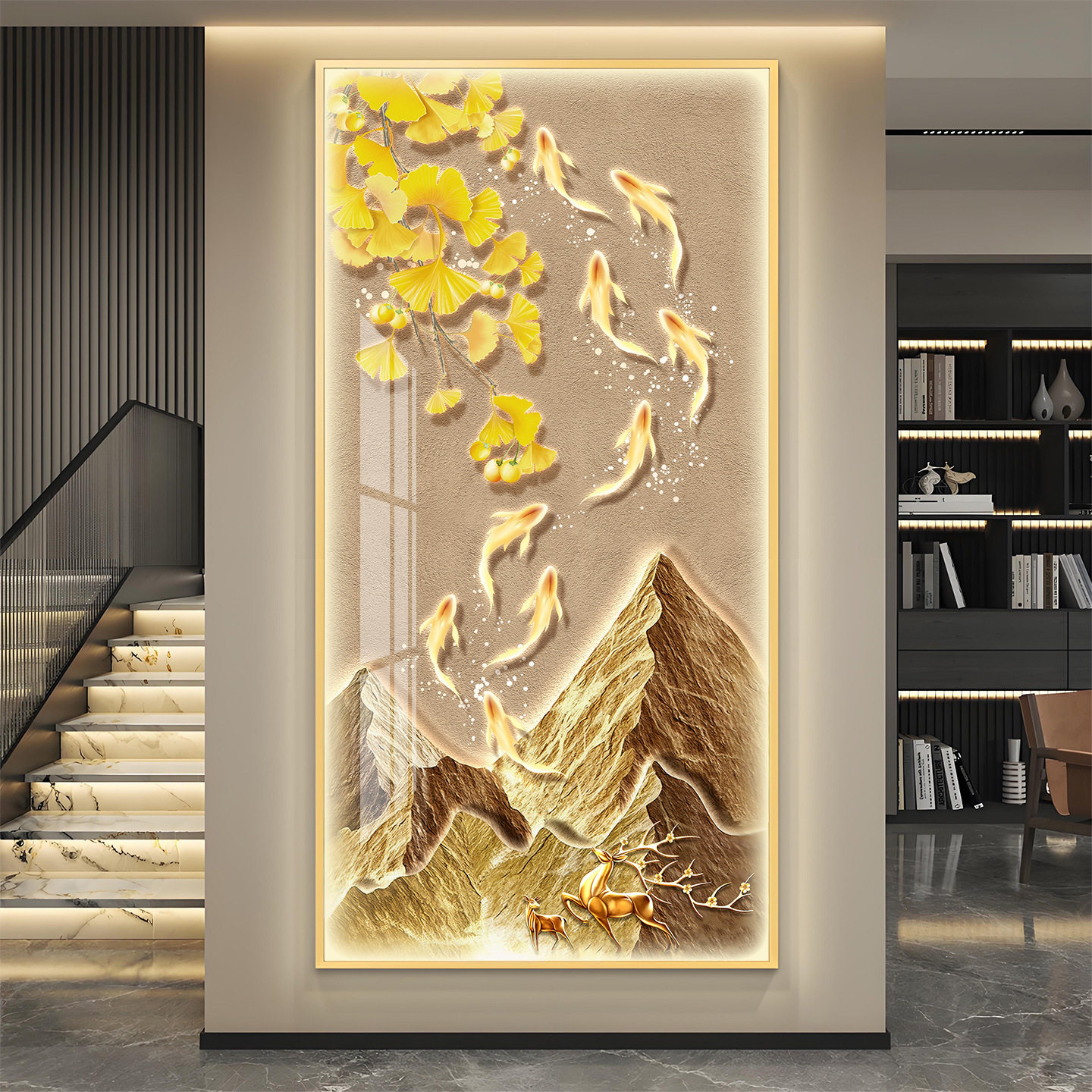 轻奢九鱼图晶瓷LED灯玄关挂画