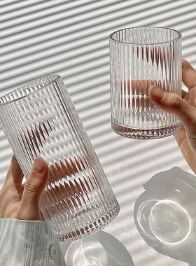 简约ins条纹玻璃杯家用喝水杯子冰美式拿铁咖啡杯牛奶果汁饮料杯