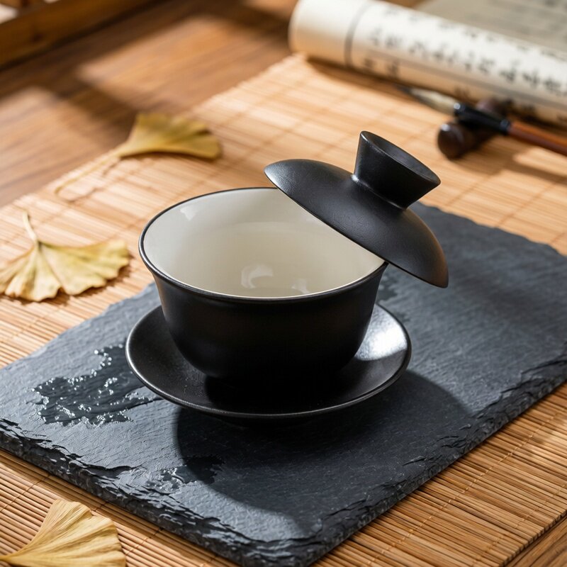 黑陶三才悬停盖碗家用旋转泡茶碗