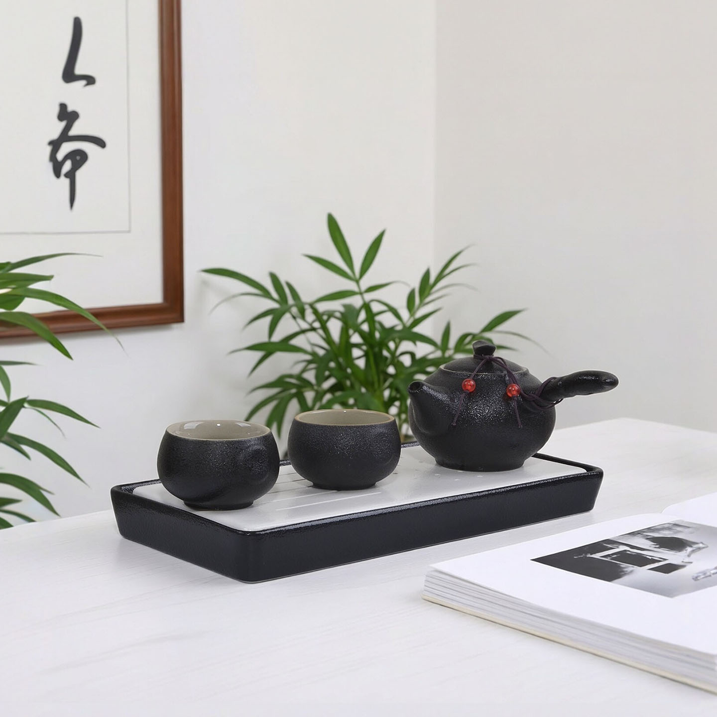 茶具套装家用黑陶一壶两杯瓷茶盘