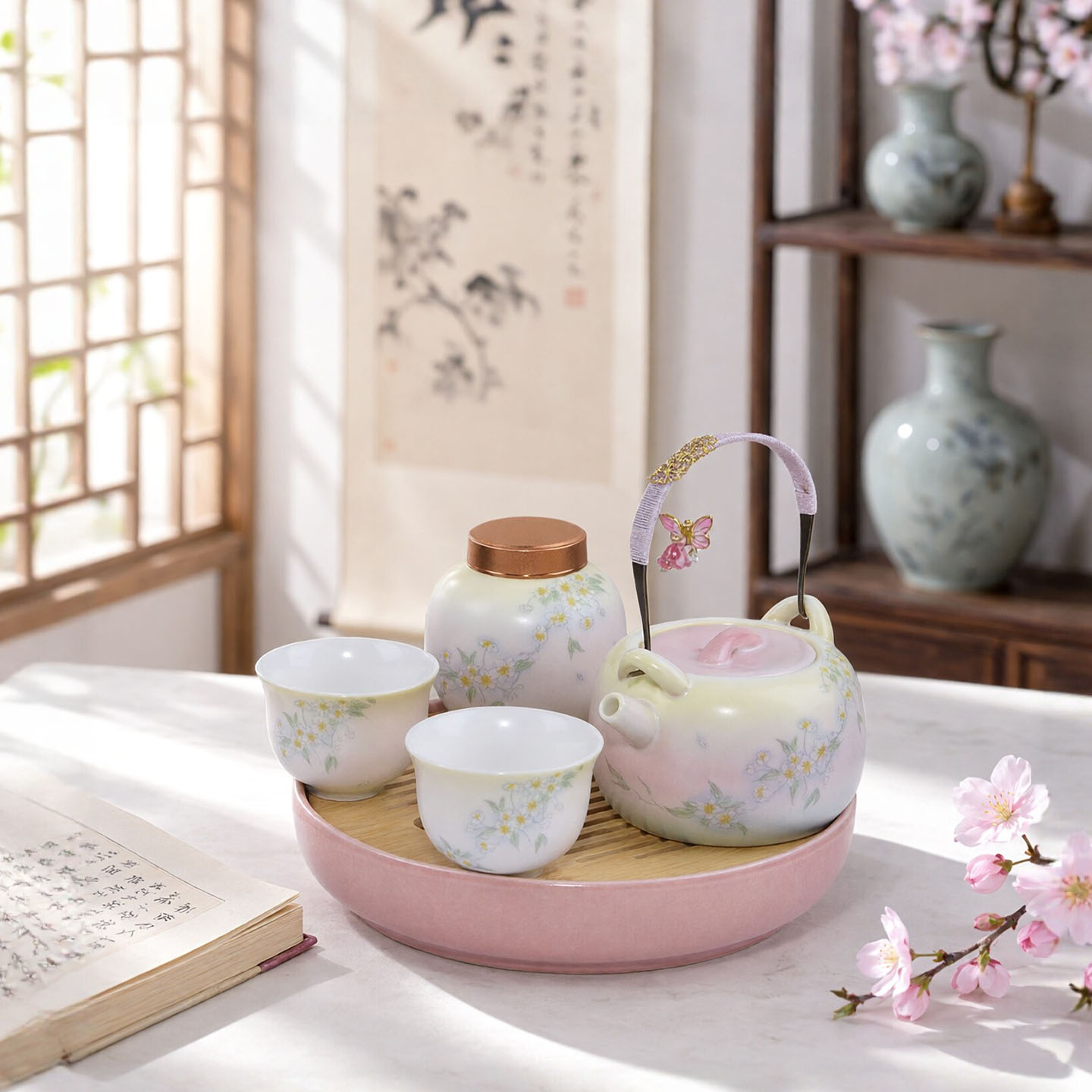 粉色樱花提梁壶功夫套装圆形茶盘