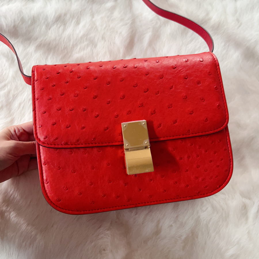 NEW高端美物 超美红色奢华南非进口鸵鸟皮单肩包女包斜跨豆腐包