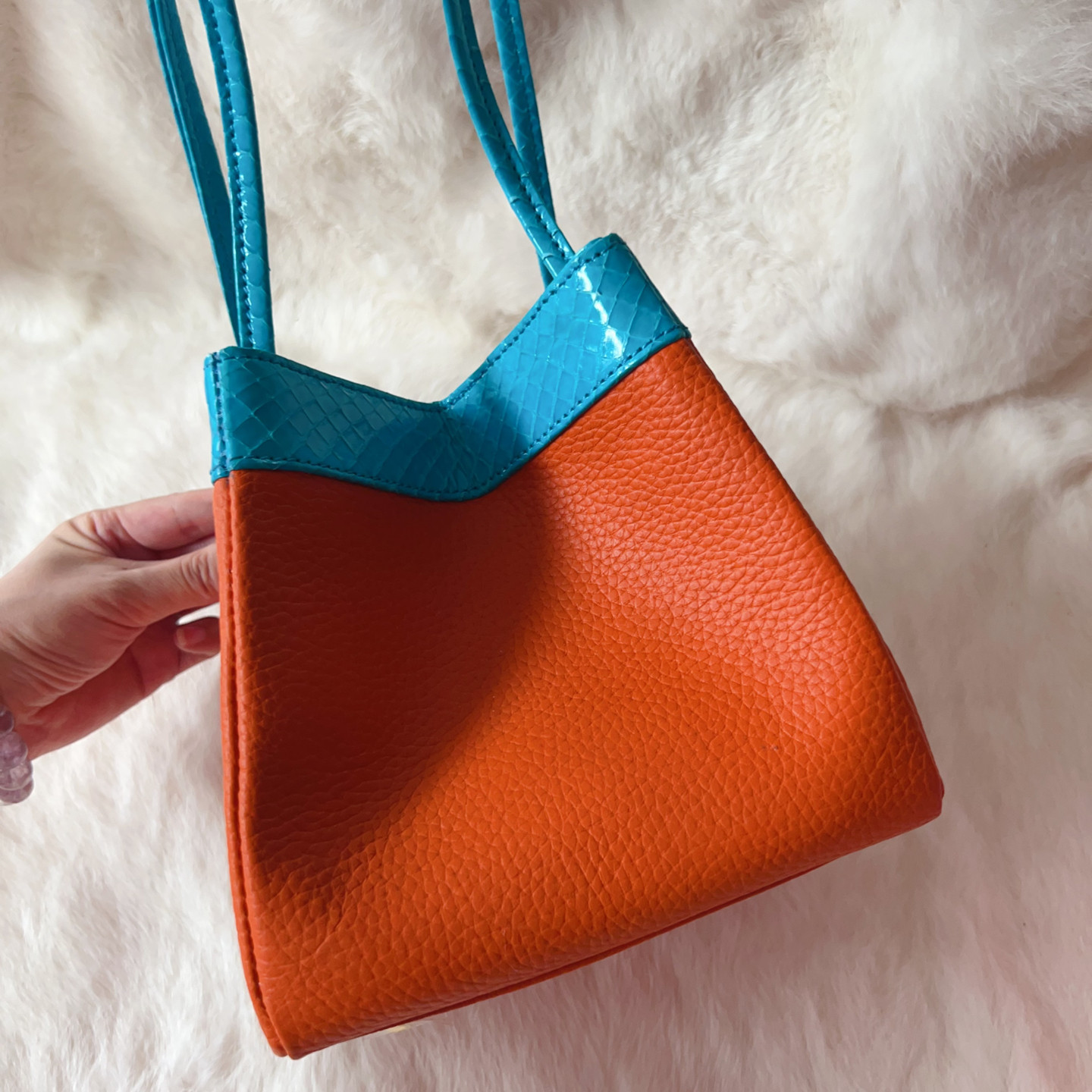 D家秋冬新品美物 超美橙色拼色女包手提包手挽包国风潮流