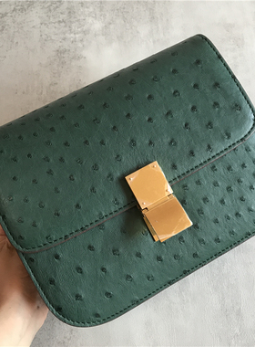 NEW高端美物 超美墨绿色奢华南非进口鸵鸟皮单肩包女包斜跨豆腐包