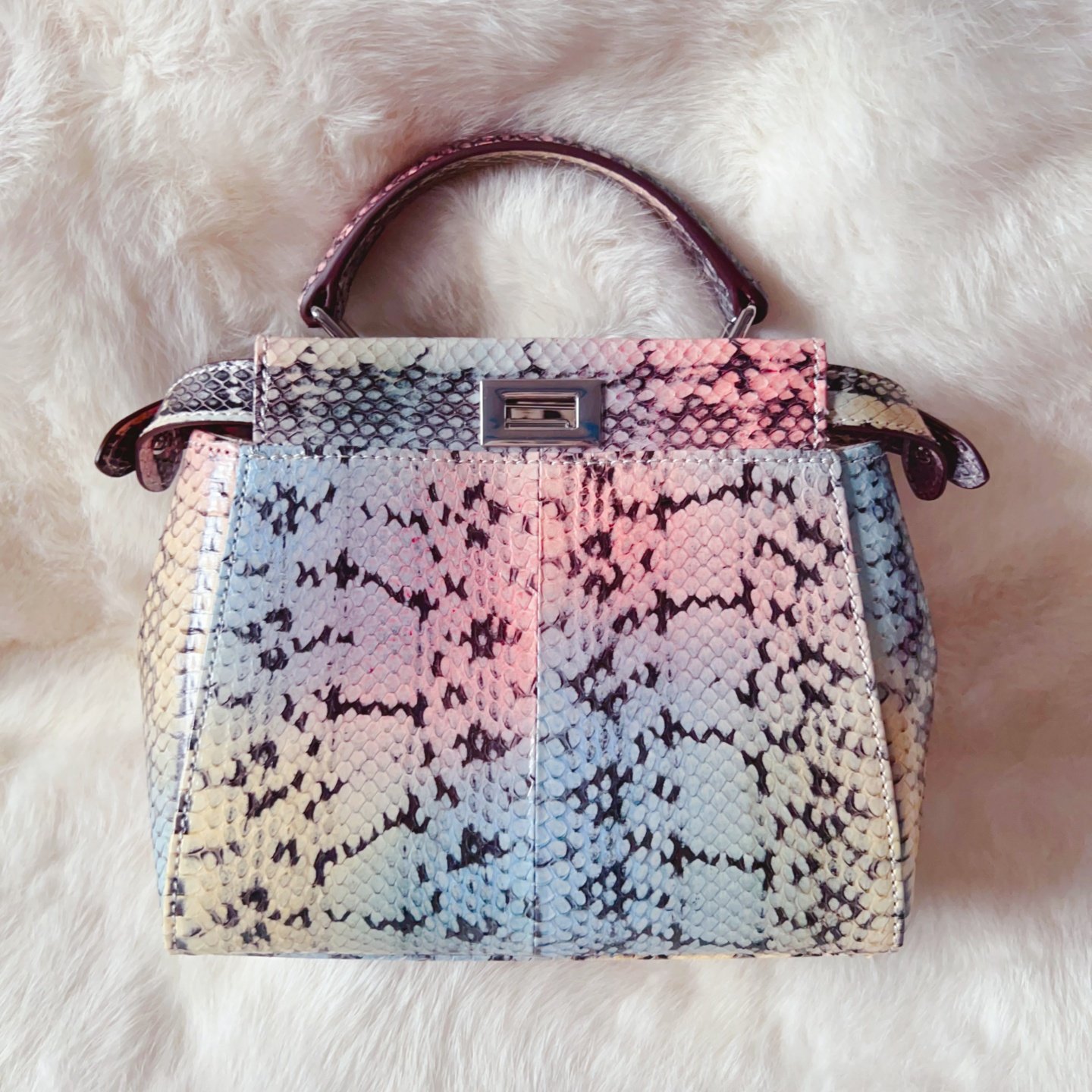 D家美物新品 超美彩虹渐变花纹奢华天然蛇皮女包单肩包迷你小号