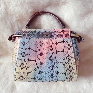 D家美物新品 超美彩虹渐变花纹奢华天然蛇皮女包单肩包迷你小号
