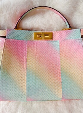 D家秋冬美物新品 超美彩虹渐变奢华天然蛇皮女包手提包单肩中号