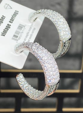 轻奢重工微镶满锆内外满镶耳圈银底白色黑底紫蓝色耳环耳饰银针