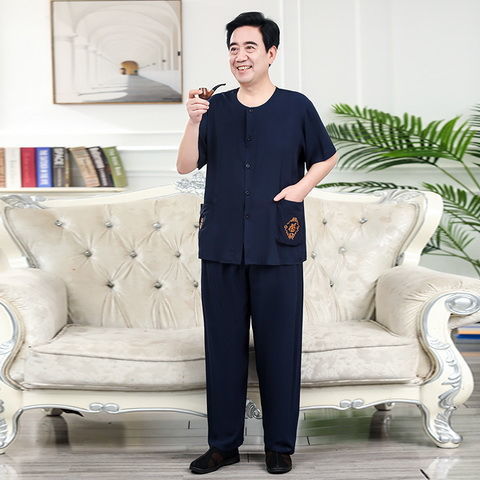 中老年夏季短袖棉绸套装