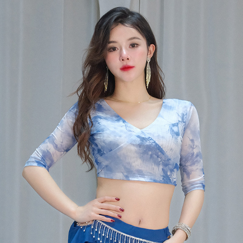 肚皮舞上衣2026新款性感百搭中袖印花网纱练功服装东方舞蹈服上執