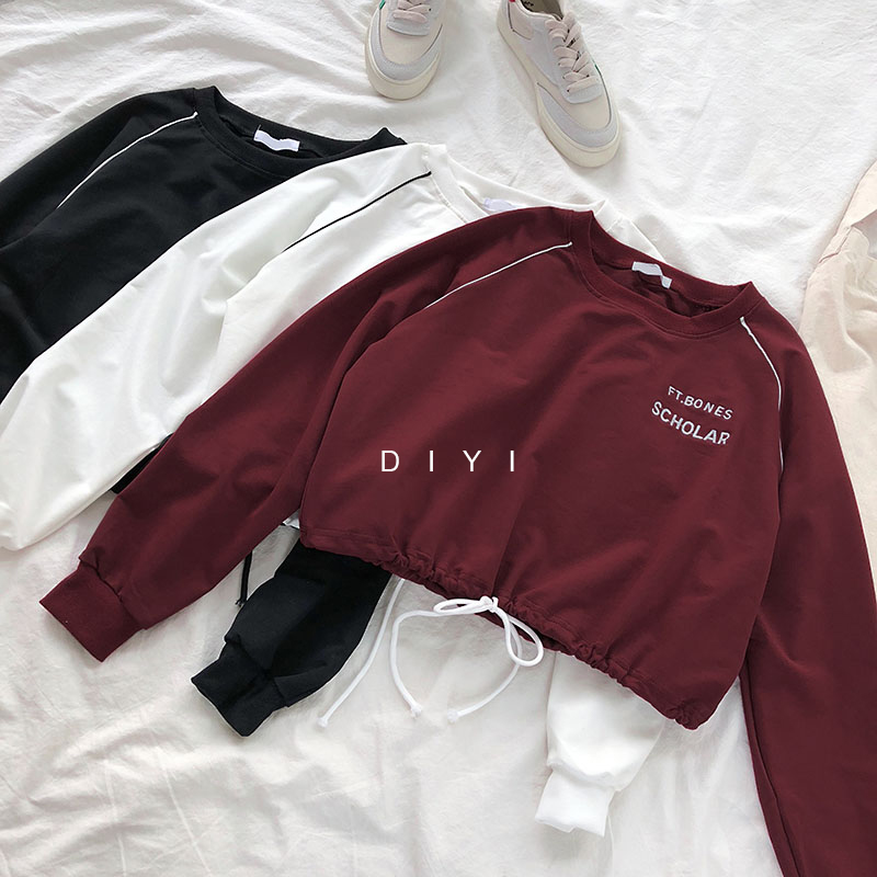 Autumn academic embroidery long sleeve T-shirt women's lace up loose and versatile short top (180g double mill