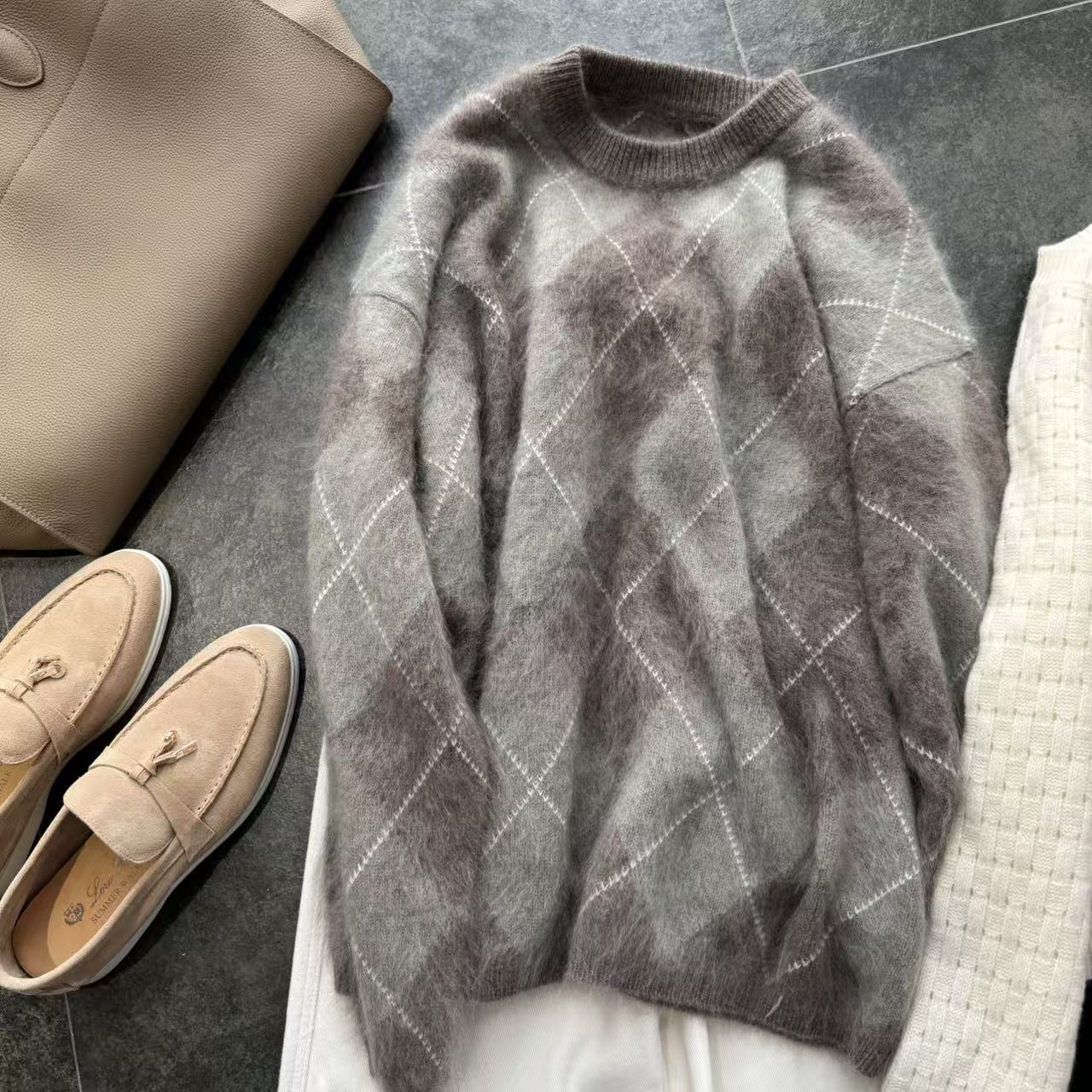 yu hee “薄荷灰”高品质羊绒羊毛拉毛菱格毛衣