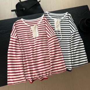 罩衫 简约条纹系带宽松长袖 26新款 女百搭 航海系列