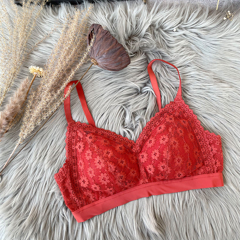 袔苡莥三角杯乳胶棉无钢圈柔软舒适养护内衣性感进口蕾丝红色文胸