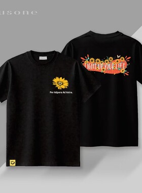PLUSONE X  城武  向日葵刺绣手绘数码印花图案中性短袖T恤