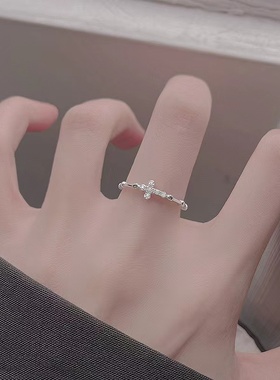 925纯银十字架戒指女小众设计高级开口素圈时尚个性食指环可调节
