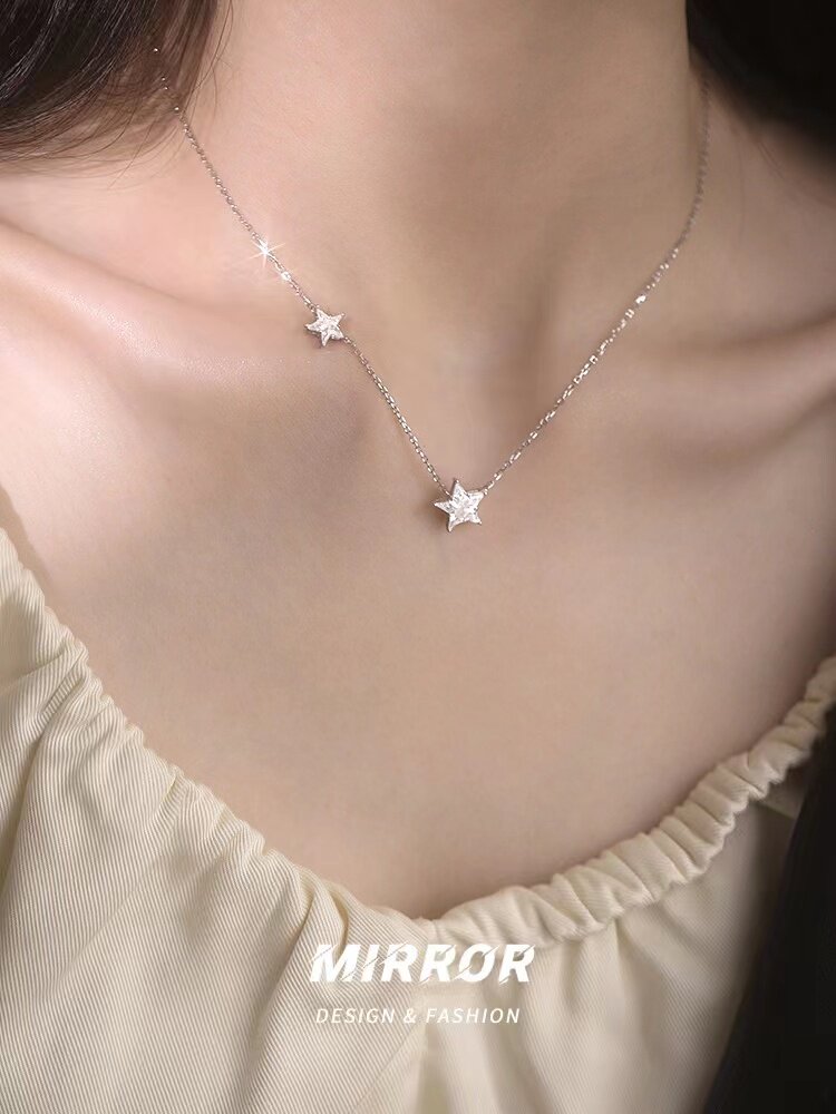 s925纯银闪钻双星吊坠项链女锁骨链五角星时尚小众设计闺蜜