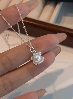925纯银贝壳贝母珍珠项链女生时尚简约精致锁骨链轻奢设计感颈链
