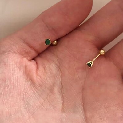 S925银mini祖母绿钻耳钉养耳洞螺丝拧扣耳骨钉18k包金高级耳饰