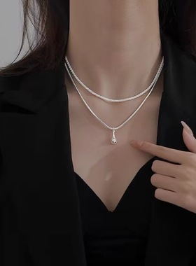 925纯银极简双层满天星水滴锁骨链女ins风小众设计感水滴吊坠项链