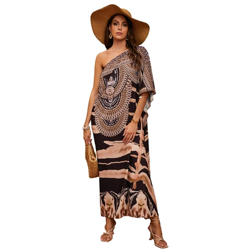 Рубашка с этническим ветром -пляжем Сексуальная косой плечо