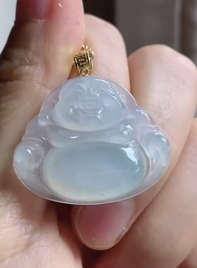 缅甸天然翡翠A货冰胶佛公，18k金扣头，裸石29. 6-24.2-5.9冰起胶